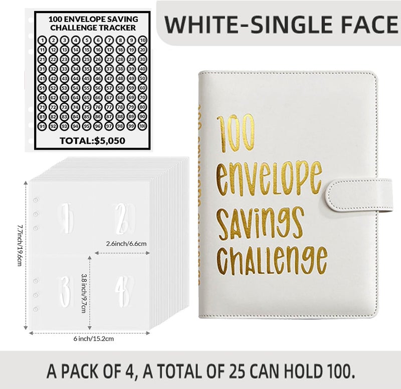 AASLOB 100 Envelopes Money Saving Challenge, 100 Envelope Challenge Binder, Easy and Fun Way to Save $5,050, Savings Challenges Budget Book Binder with Cash Envelopes for Office,Home,School (White) - Image 2